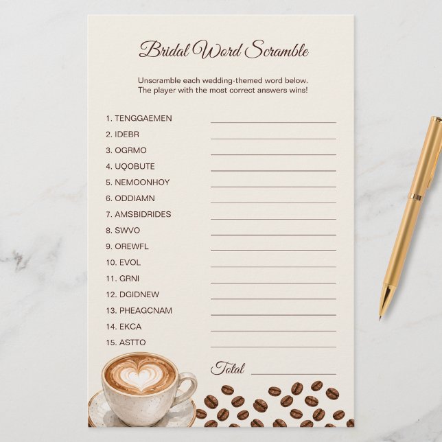 Kaffetema Bröllopsdusch Spel Ord Scrambla Kort (Love Is Brewing Bridal Shower Game)