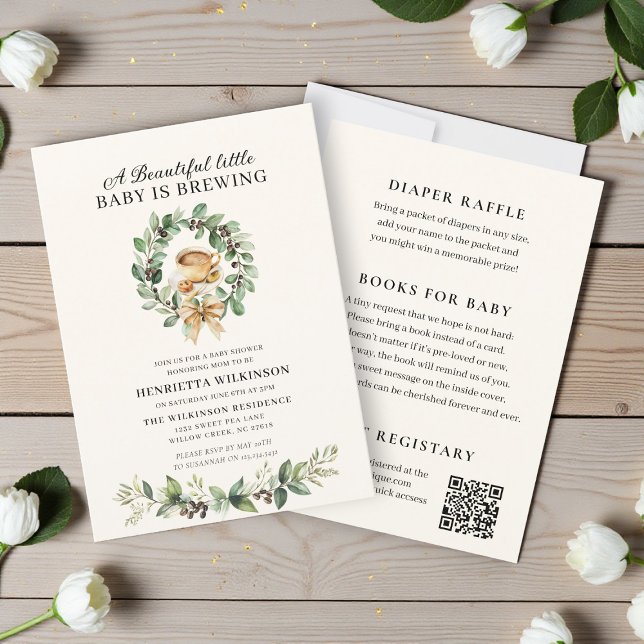 Kaffetematisk baby shower botanisk krans inbjudningar (Skapare uppladdad)