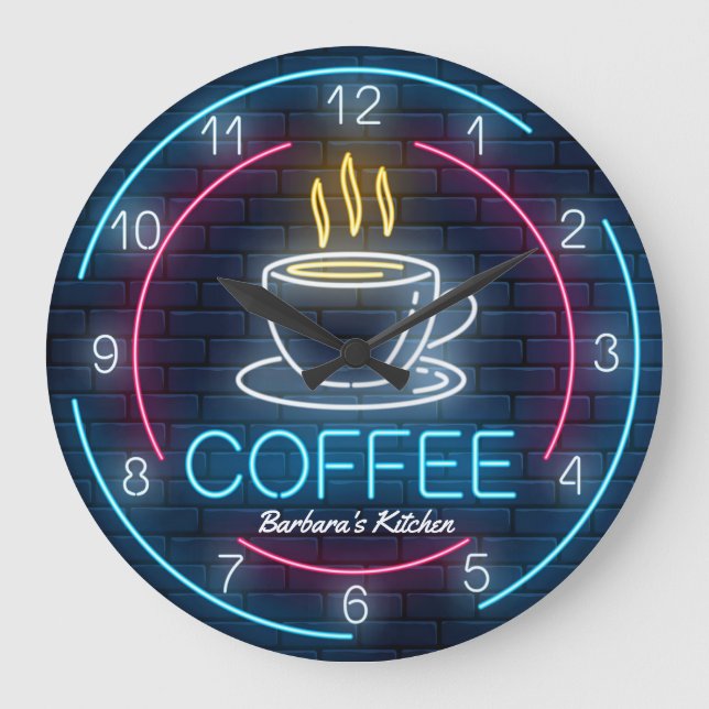 Kaffetid Faux Neon Personalizable Wall Clock Stor Klocka (Framsida)