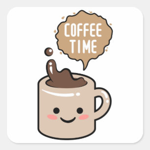 kaffetid kawaii kaffekopp illustration fyrkantigt klistermärke