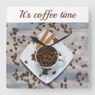 Kaffetid med bönor och anpassade från kopp fyrkantig klocka
