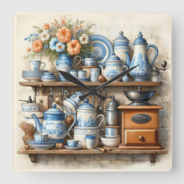 Kaffetid Vintage Kaffeuppsättning Blå vit  Fyrkantig Klocka