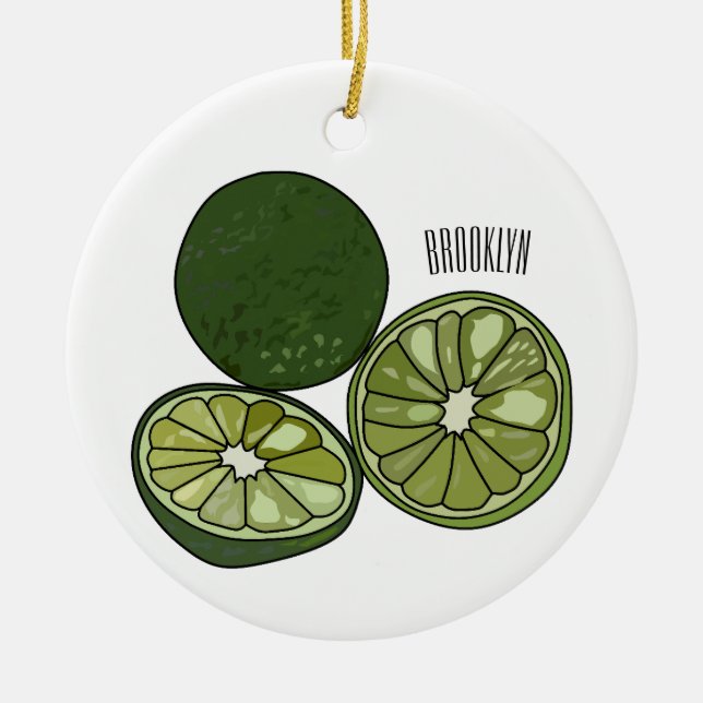 Kaffir lime tecknad illustration julgransprydnad keramik (Framsidan)