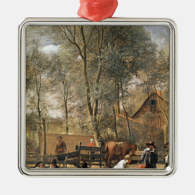 Käglaspelare utanför en gästgivargård, c.1660-63 julgransprydnad metall (Framsidan)