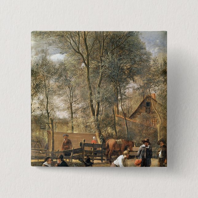 Käglaspelare utanför en gästgivargård, c.1660-63 knapp (Framsida)