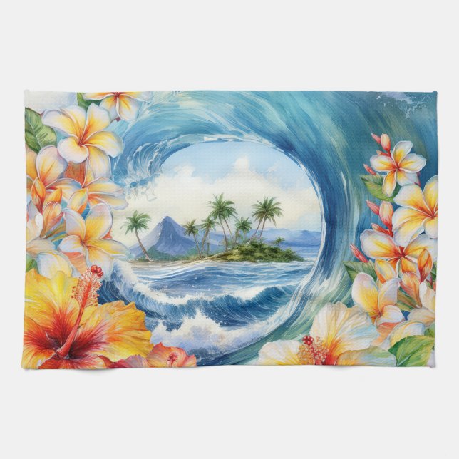 Kai Aloha Hibiskus Vattenfärg Våg Reversibel Kökshandduk (Horisontell)