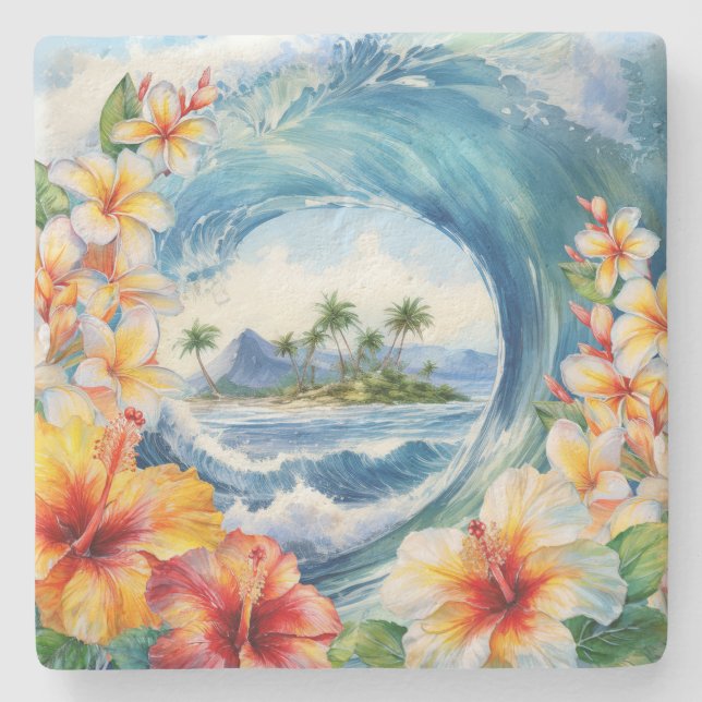 Kai Aloha Hibiskus Vattenfärg Våg  Stenunderlägg (Framsidan)