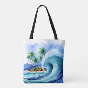 Kai Aloha Island Watercolor Wave Beach Bag Tygkasse