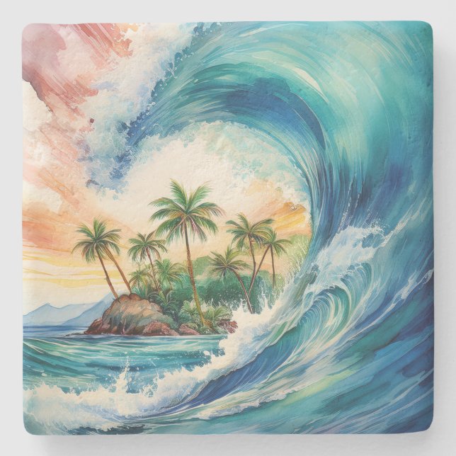 Kai Aloha Motu Watercolor Våg Stenunderlägg (Framsidan)