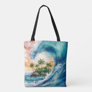 Kai Aloha Motu Watercolor Wave Beach Bag Tygkasse
