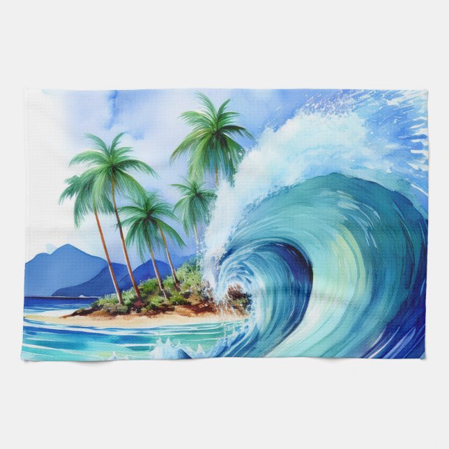 Kai Aloha Ö vattenfärg våg Kökshandduk (Horisontell)