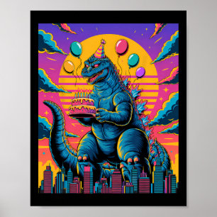 Kaiju Birthday Lloon and cake Monster Movie Bday D Poster