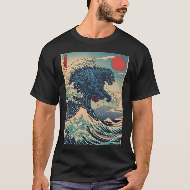 Kaiju Monster Japanska Stil Art Underbar Wave av K T Shirt (Framsida)