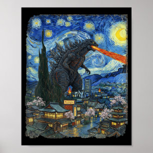 Kaiju Monster Japanska Vangogh stjärnnatt Vintage Poster