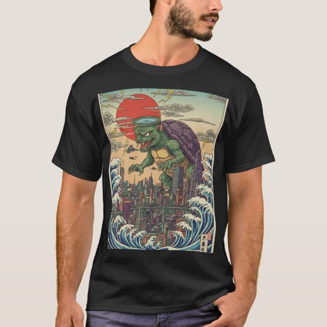 Kaiju Turtle Over Tokyo Sunset T Shirt (Framsida)