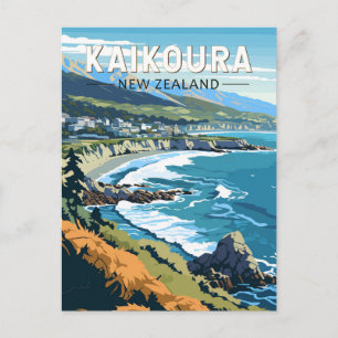 Kaikoura New Zealand Travel Art Vintage Vykort