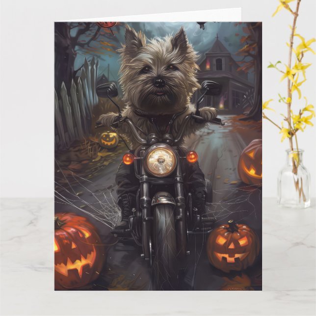Kairn Terrier Riding Motorcykel Halloween Scary Kort (Gul blomma)