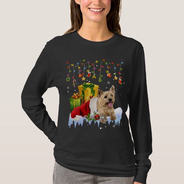 Kairn Terrier Santa Hat jul Ljus jul jul jul T Shirt (Framsida)