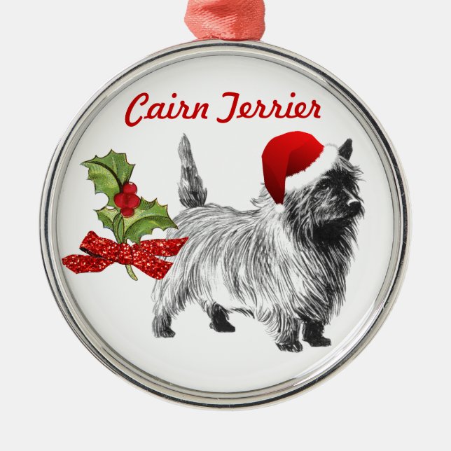 Kairn Terrier w/Santa Cap Holly-jul Julgransprydnad Metall (Framsidan)