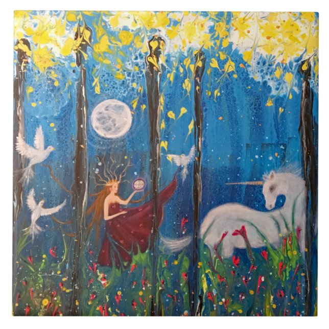 Kairos Woman och Unicorn Original Art Kakelplatta (Framsidan)