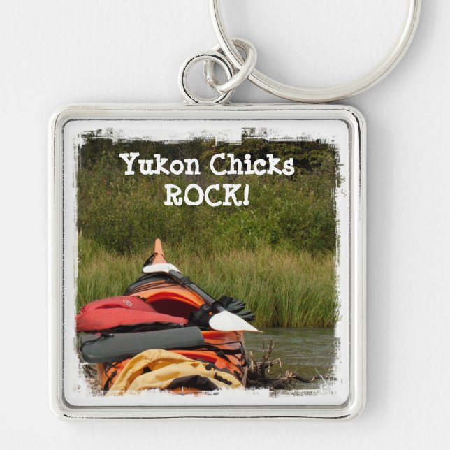 Kajaken balanserar; Yukon chickSTEN Fyrkantig Silverfärgad Nyckelring (Framsidan)
