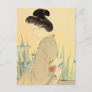 Kajita, Beauty and Irises Japan Woodblock Print Vykort