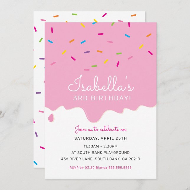 Kaka från barns födelsedag PARTY, frostdroppssprin Inbjudningar (Fram/baksida)