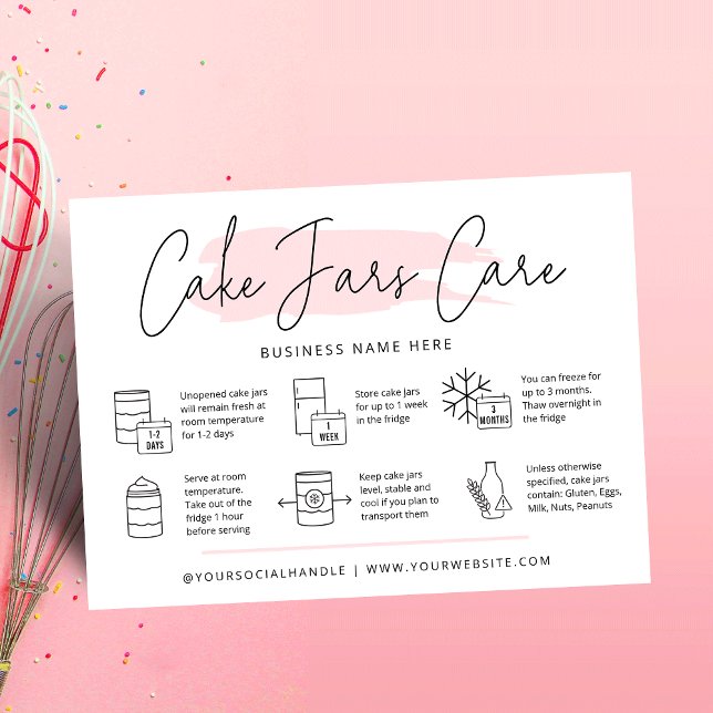 Kaka i ett Burk-vårdkort Modern Rosa Watercolor Visitkort (Modern cake jars care cards with icons, trendy fonts and pink watercolor design and your logo)