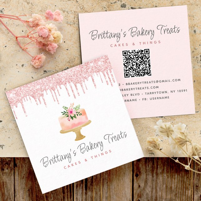 Kaka QR-koden  Rosa Glitter Drives Pastry Chef Fyrkantigt Visitkort (Skapare uppladdad)