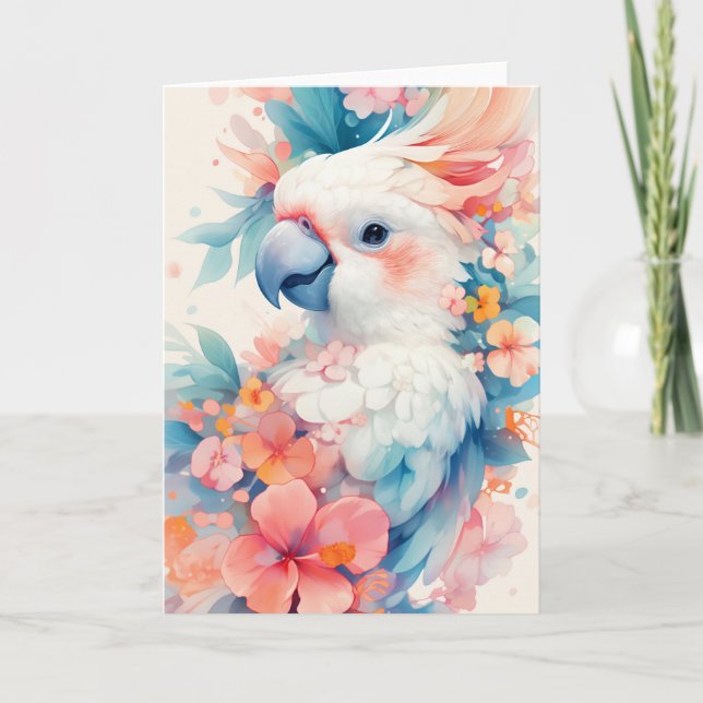Kakadua bland livfulla blommor kort (Framsida)