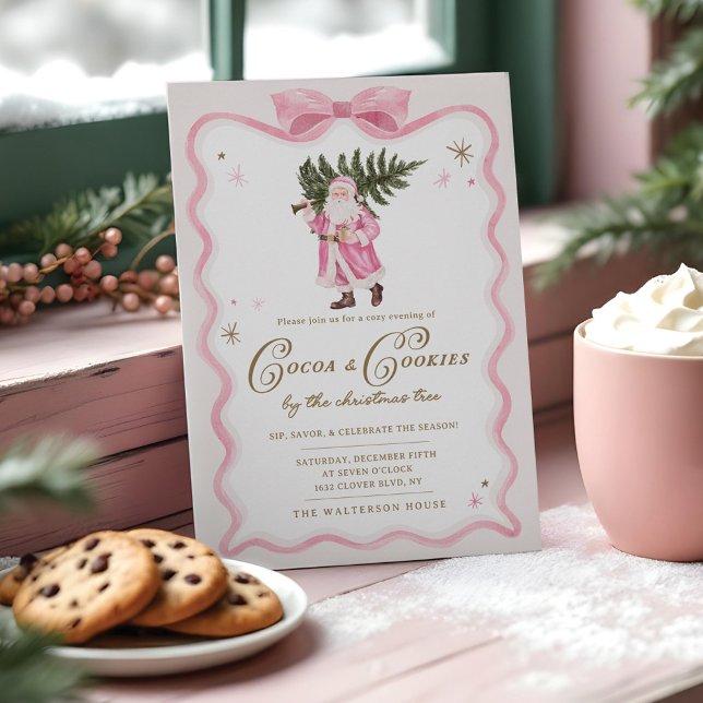Kakao och kakor Jul Party Retro Rosa Santa Inbjudningar (Cocoa & Cookies Christmas Party Retro Pink Santa Invitation)