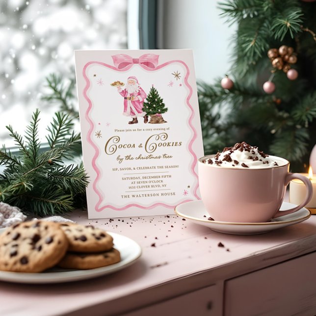 Kakao och kakor Jul Party Retro Rosa Santa Inbjudningar (Cocoa & Cookies Christmas Party Retro Pink Santa Invitation)
