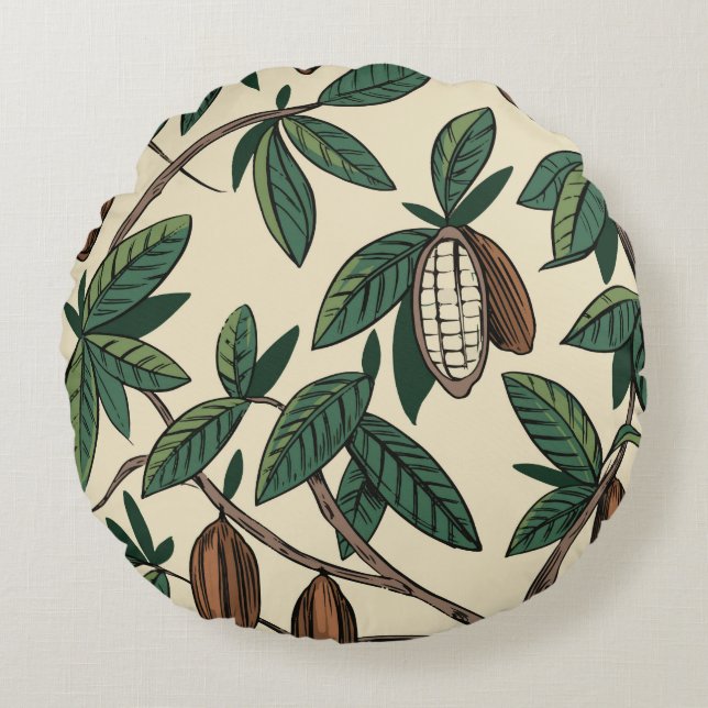 Kakaoanläggning, sömlös mönster. Kacaobönan. Vinta Rund Kudde (Framsidan)