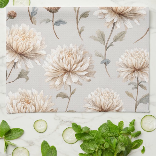 Kakaobrun Blommig Kräm  Kökshandduk (Vikta)