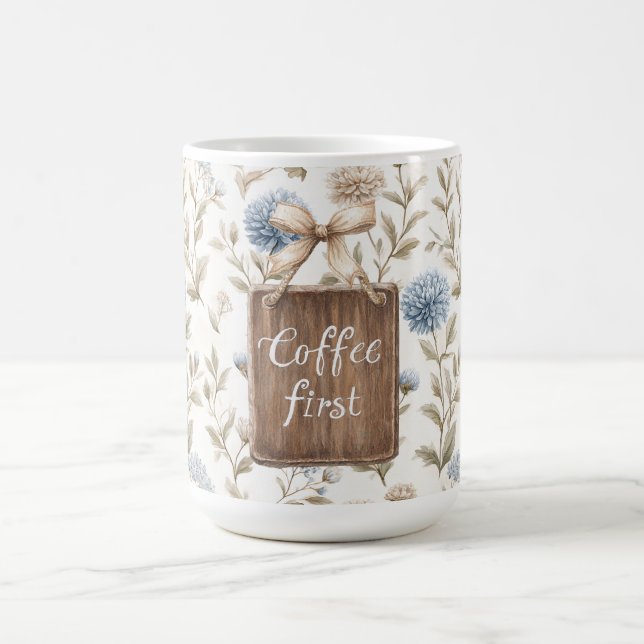 Kakaobrun kräm blå blommor kaffe först   kaffemugg (Center)