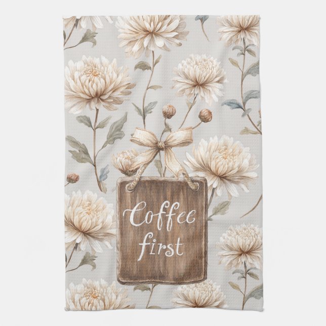 Kakaobrun Kräm Blommig Kaffe Först   Kökshandduk (Vertikal)