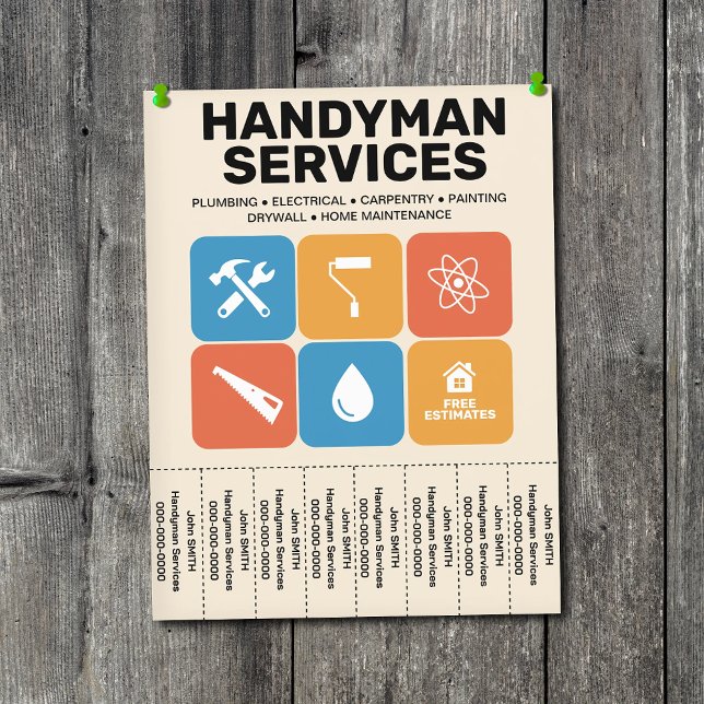 Kakel - Flygblad för hantverkarservice med avrivba (Tiles - Handyman Services Flyer with Tear-Off Tabs)