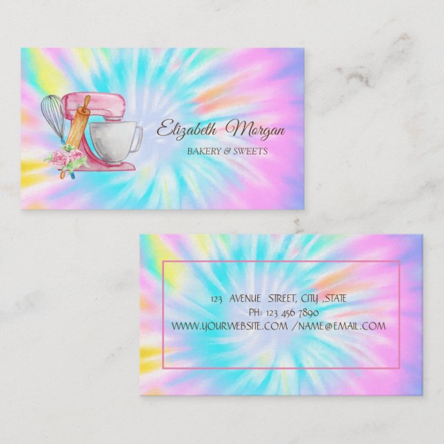 Kakmixer,Visp,Kavlingpinne Blommor Tie Dye Visitkort (Fram/baksida)