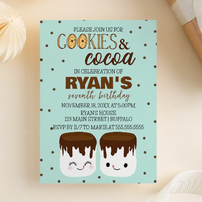 Kakor och kakao Kawaii födelsedagsinbjudan Inbjudningar (Cookies and Cocoa | Winter Hot Chocolate Themed | Kawaii Marshmallows Birthday Party Invitation)