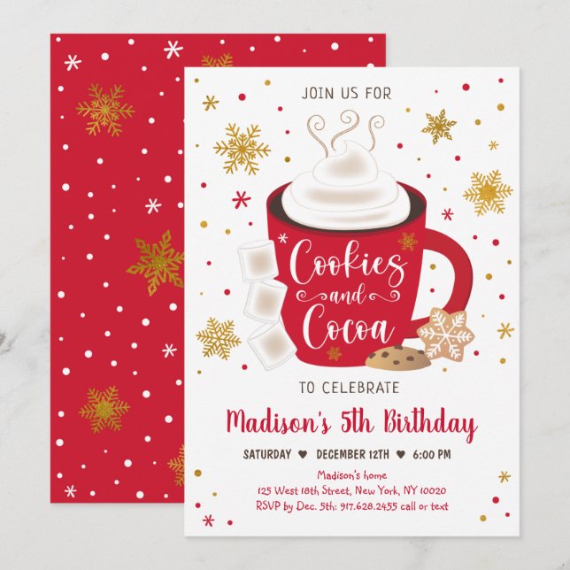 Kakor och kakao Röd Guld Vinterfödelsedag Inbjudningar (Fram/baksida)