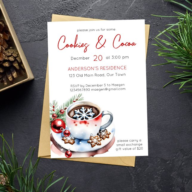 Kakor och kakao, vanlig julmall party inbjudningar (Cookies and cocoa Christmas party template invitation simple minimalist modern watercolor snowflake)