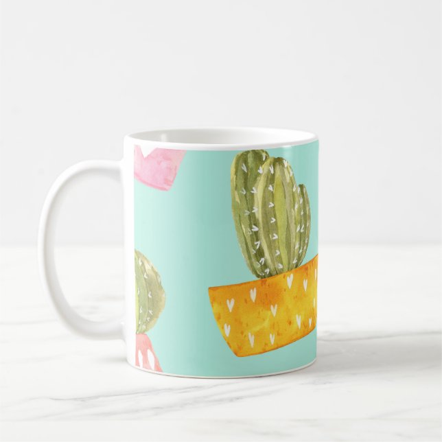 Kakti i krukor, vattenfärgen mönster. kaffemugg (Vänster)