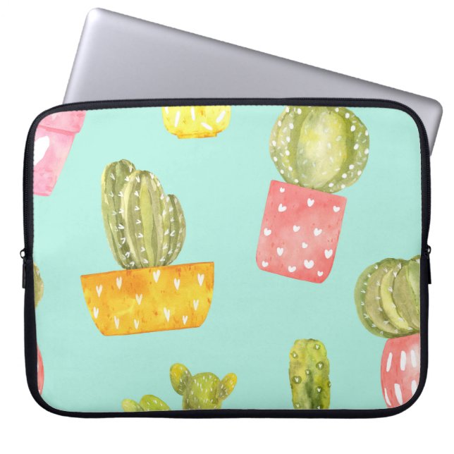 Kakti i krukor, vattenfärgen mönster. laptop fodral (Framsidan)