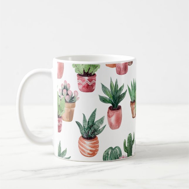 Kaktsamling i krukor, vattenfärg. kaffemugg (Vänster)