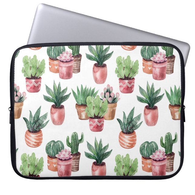 Kaktsamling i krukor, vattenfärg. laptop fodral (Framsidan)