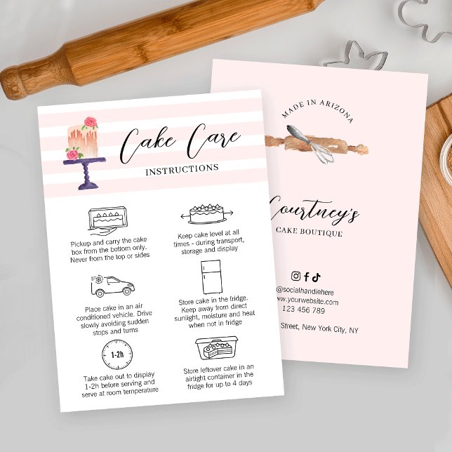 Kaktureringskort för  Rosa för feminin - vattenfär Visitkort (Elegant cake care instructions cards with bakery watercolor art & cake care icons)