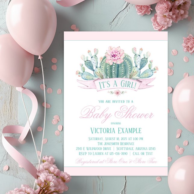 Kaktus Baby Flickas Dopkalas Inbjudningar (Cute cactus baby shower invitation. Simply add your event details.)