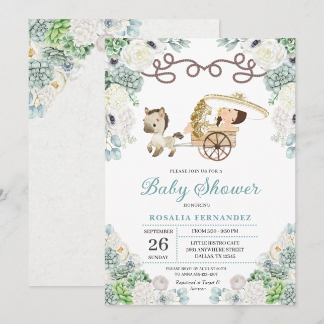 Kaktus Blommig Mexikansk Babyflicka Charra Baby Sh Inbjudningar (Fram/baksida)