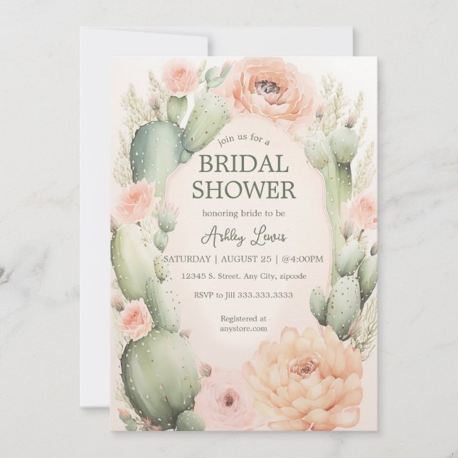 Kaktus bröllopsdusch, boho blommor inbjudningar (Framsida)
