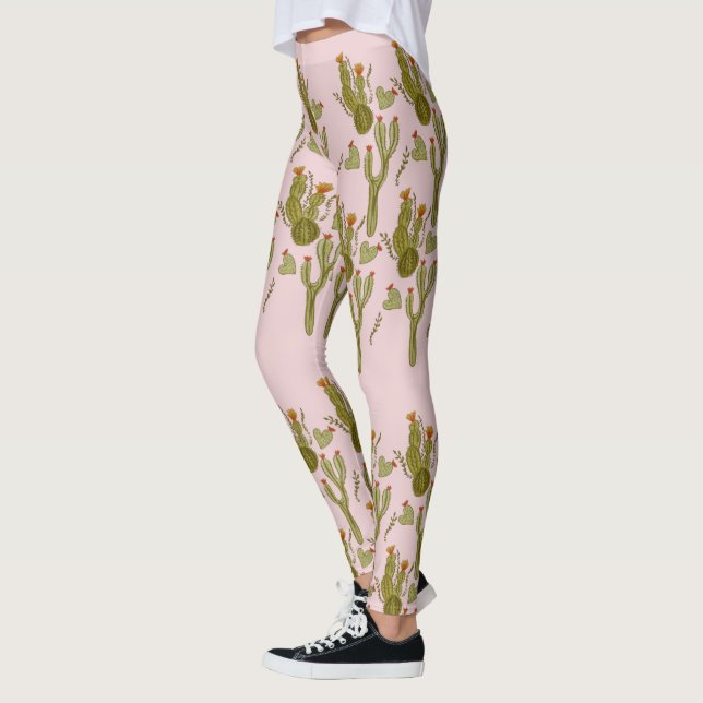 Kaktus Handmålad Akvarell Rosa Mönster   Leggings (Vänster)